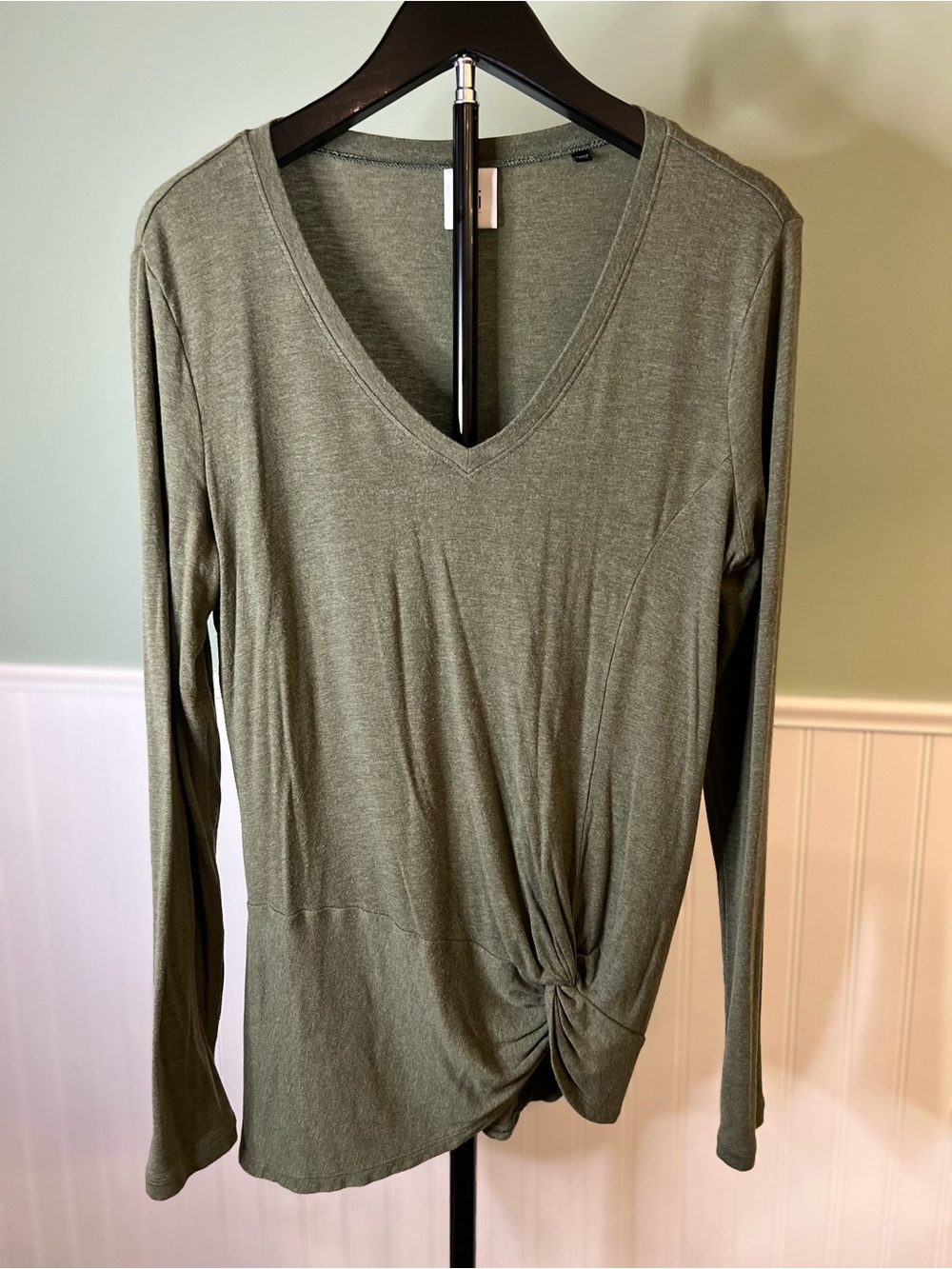 CAbi Olive Twist-Front V-Neck Long Sleeve Top. Size S